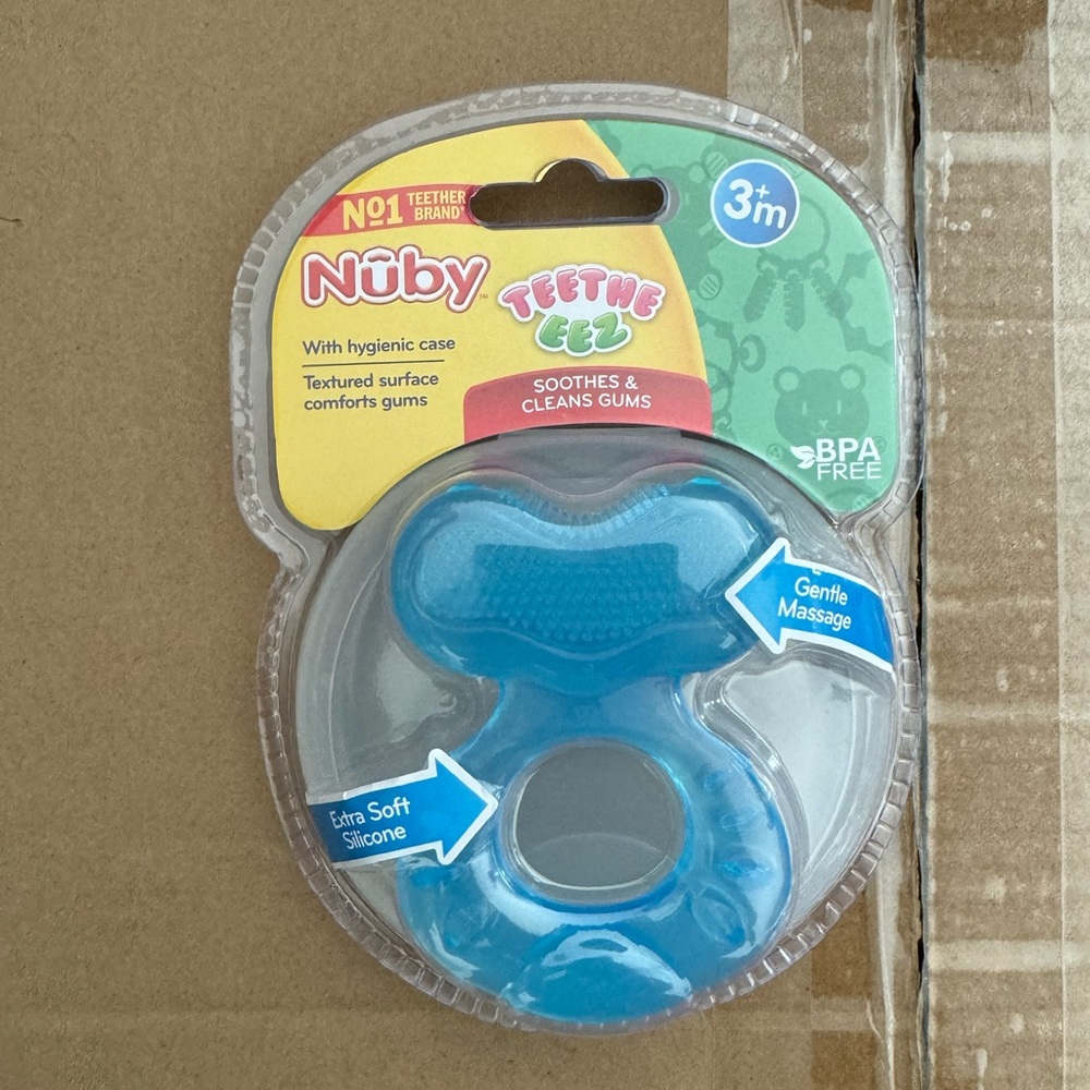 3 Nuby Silicone Teethe-EEZ Teether with Bristles, Includes Hygienic Case, Blue